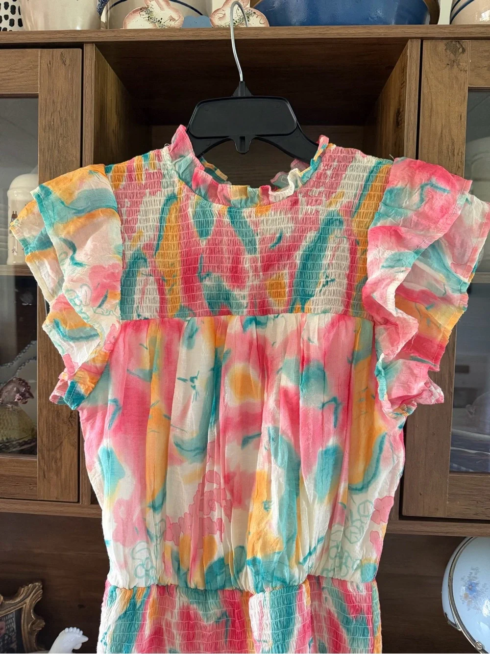Entro Pastel Watercolor Floral Smocked Mini Dress Ruffle Flutter Sleeve Small